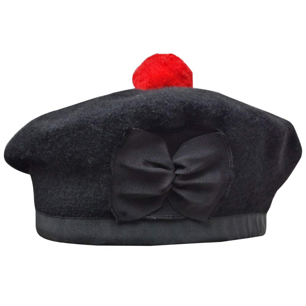 New Scottish Black Wool Balmoral plain Hat With Red Pompom on Top