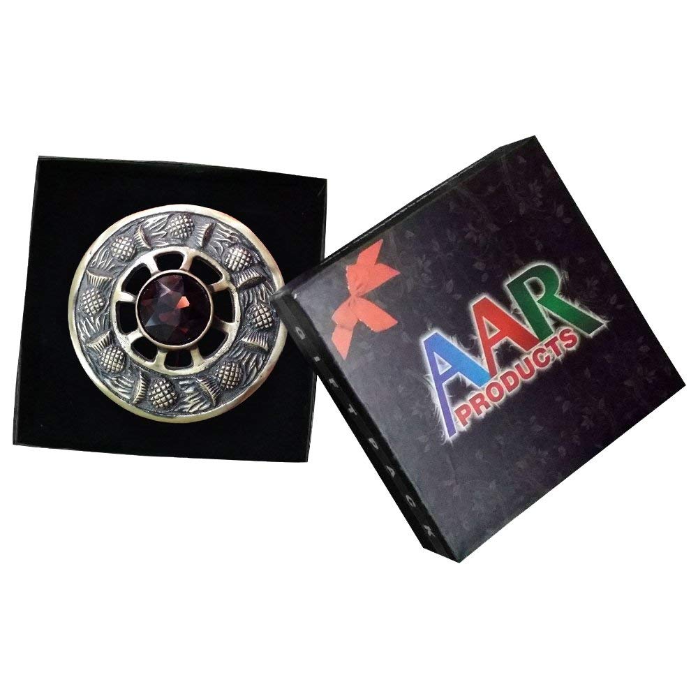 AAR Scottish Highland Kilt Fly Plaid Brooch Thistle Design Antique Finish 3 inch (Brown)