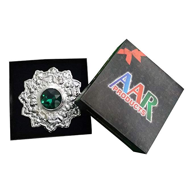 AAR Men's Scottish Kilt Fly plaid Brooch 4" Thistle Design Green Stone Chrome Finish