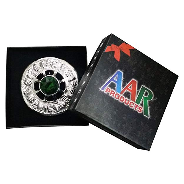 AAR Scottish Highland Kilt Fly Plaid Brooch Thistle Design Chrome Finish 3 inch