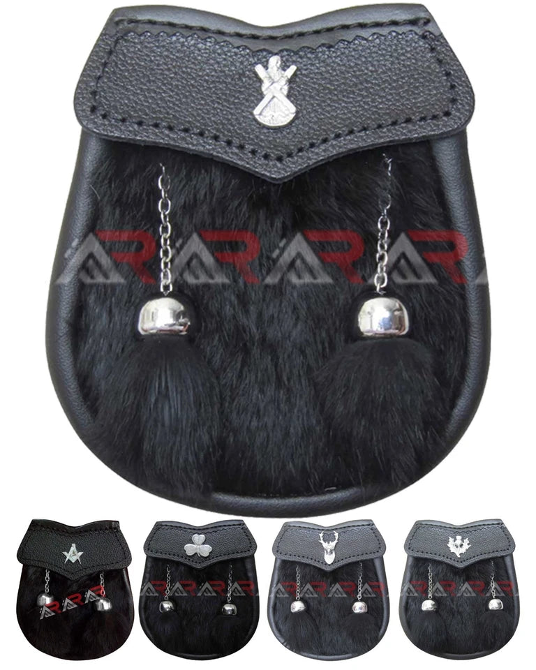 AAR Boys Sporran – Black Rabbit Fur with 2 Tassels – Includes Free Belt & Chain – Traditional Scottish Accessory for Kids