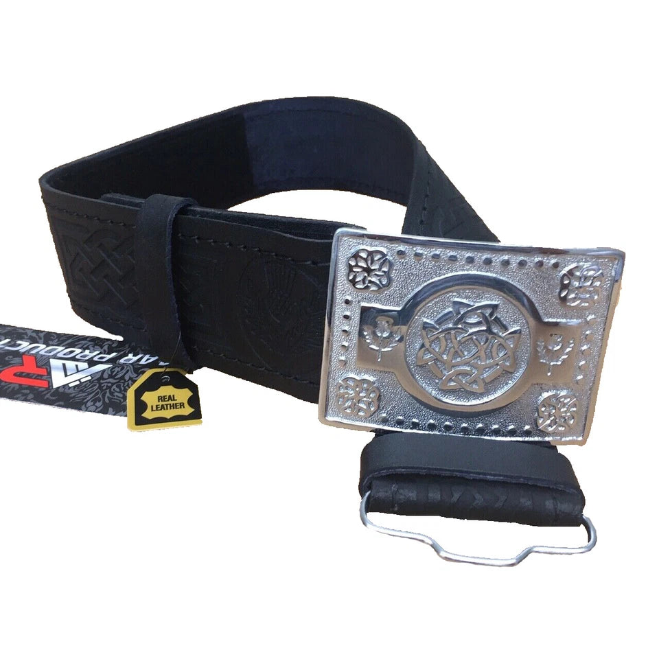 AAR Leather Thistle Kilt Belt Black with Chrome Finish Celtic Buckle | Scottish Highland Belt for Men