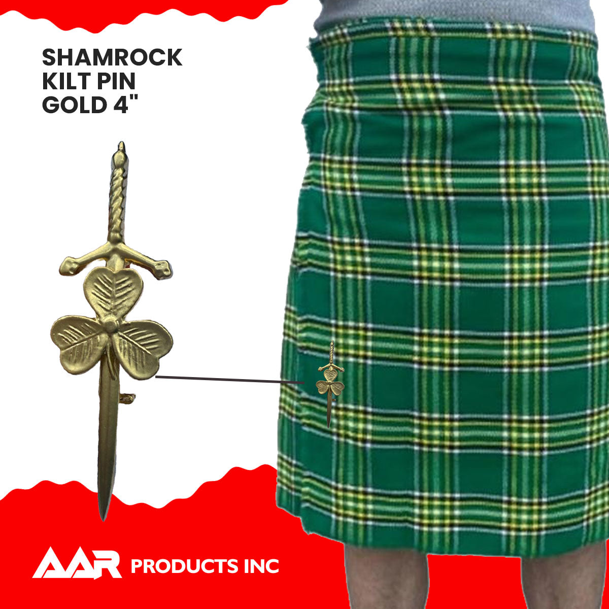 Kilt Pin Shamrock Irish Sporrans Color Gold Finish Size 4"