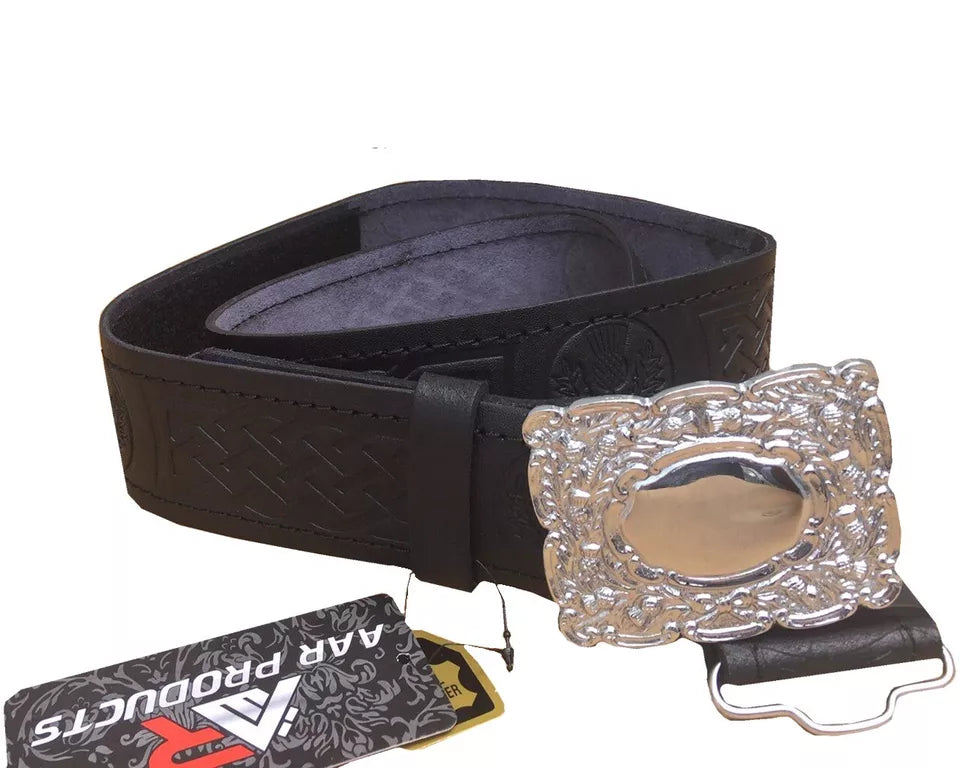 AAR Leather Thistle Kilt Belt Black with Chrome Finish Celtic Buckle | Scottish Highland Belt for Men