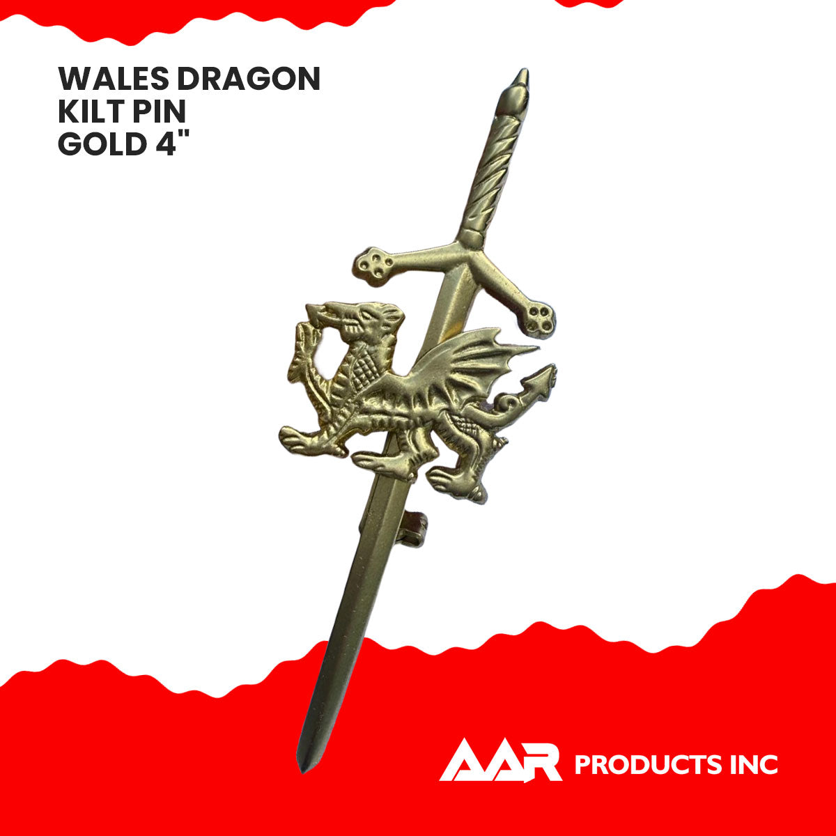 AAR Welsh Dragon Badge kilt Pin 4" Gold Scottish Kilt Sporrans