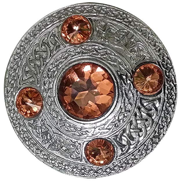 AAR Men's Celtic Kilt Fly Plaid Brooch Orange 5 Stones Silver 4"/Scottish/Highland