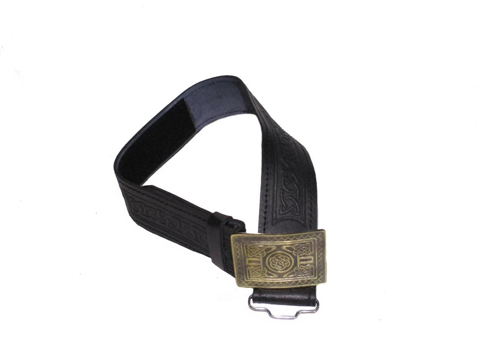 AAR Leather Celtic Kilt Belt – Black or Brown with Antique Brass Buckle | Scottish Highland Belt