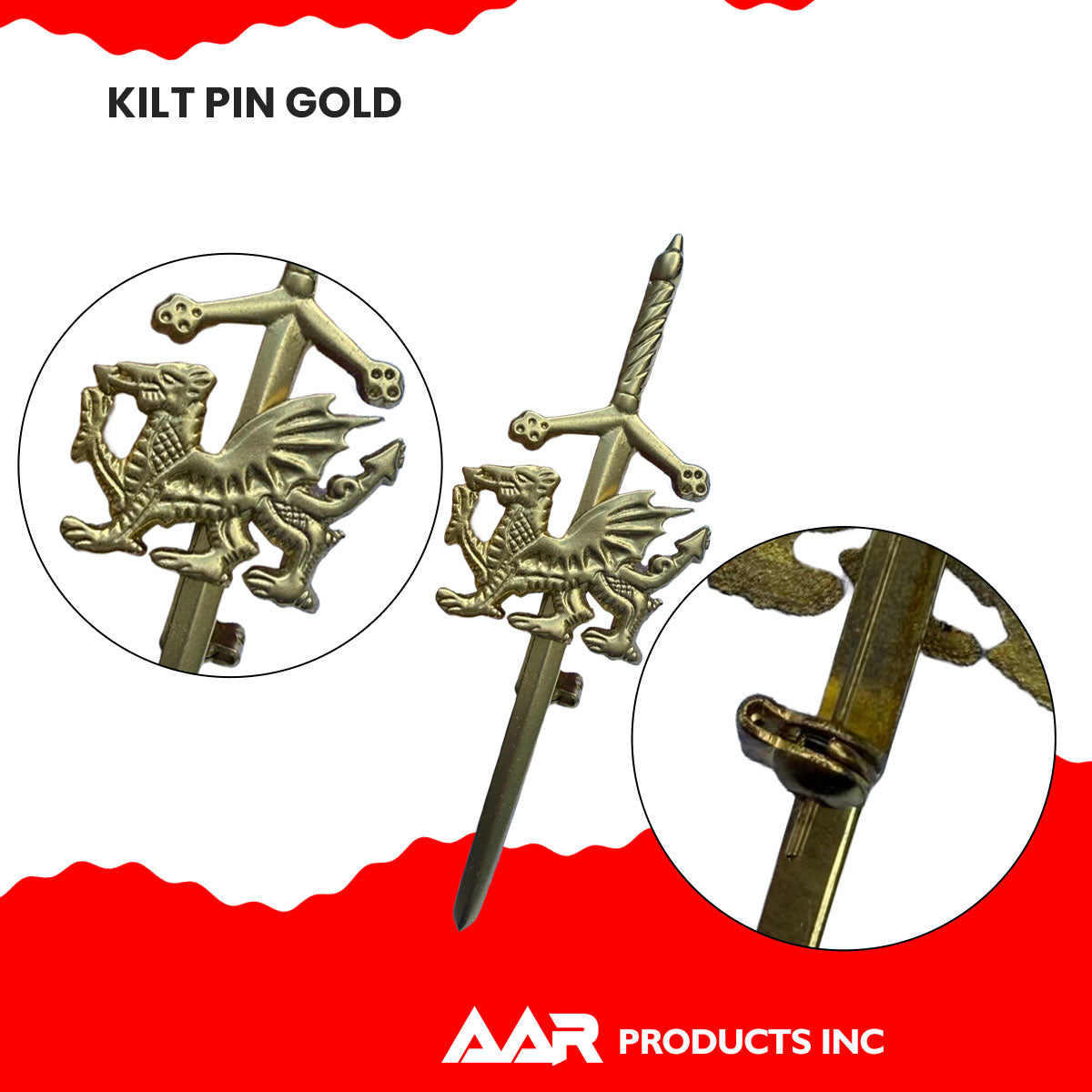 AAR Welsh Dragon Badge kilt Pin 4" Gold Scottish Kilt Sporrans