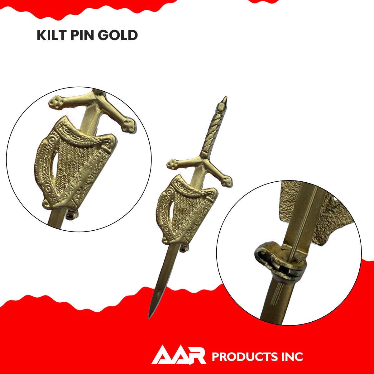 AAR Irish Celtic Harp Sword kilt Pin 4" Gold Scottish