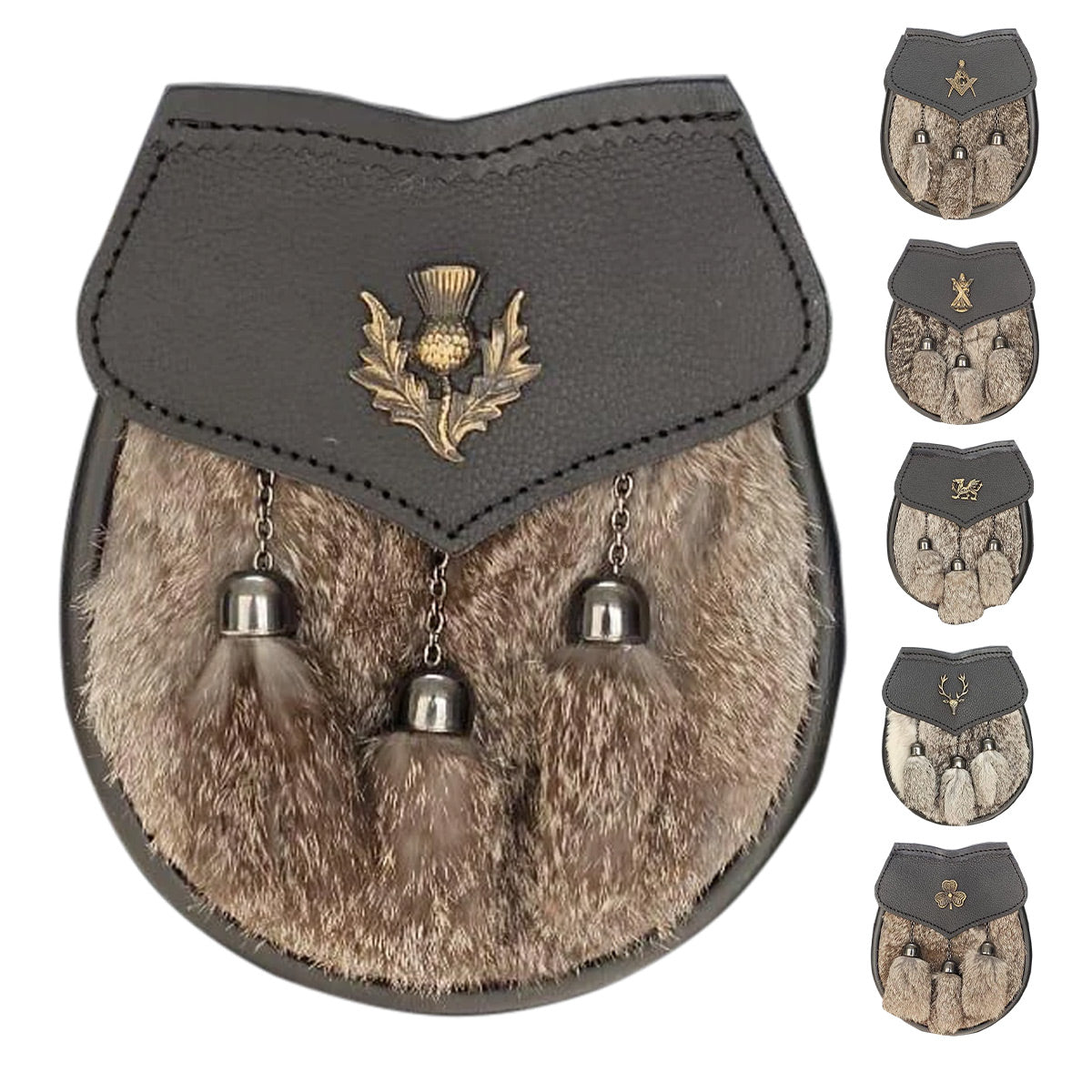 Men's Semi Dress Sporran Brown Rabbit Formal Fur 3 Tassels Leather Belt Chain Antique Badges