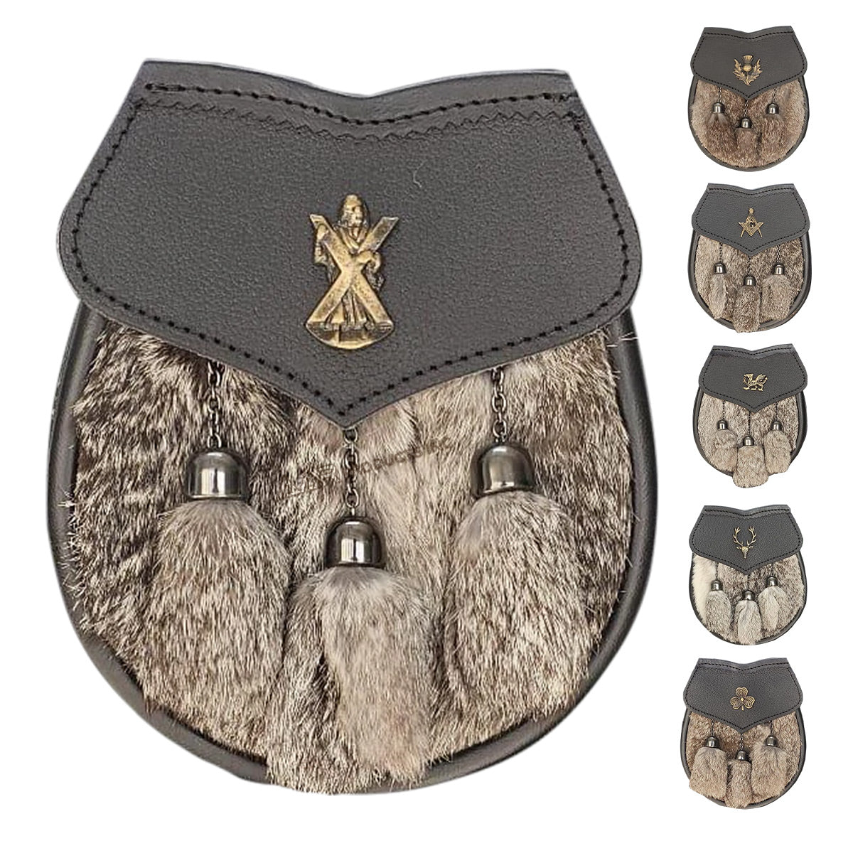 Men's Semi Dress Sporran Brown Rabbit Formal Fur 3 Tassels Leather Belt Chain Antique Badges