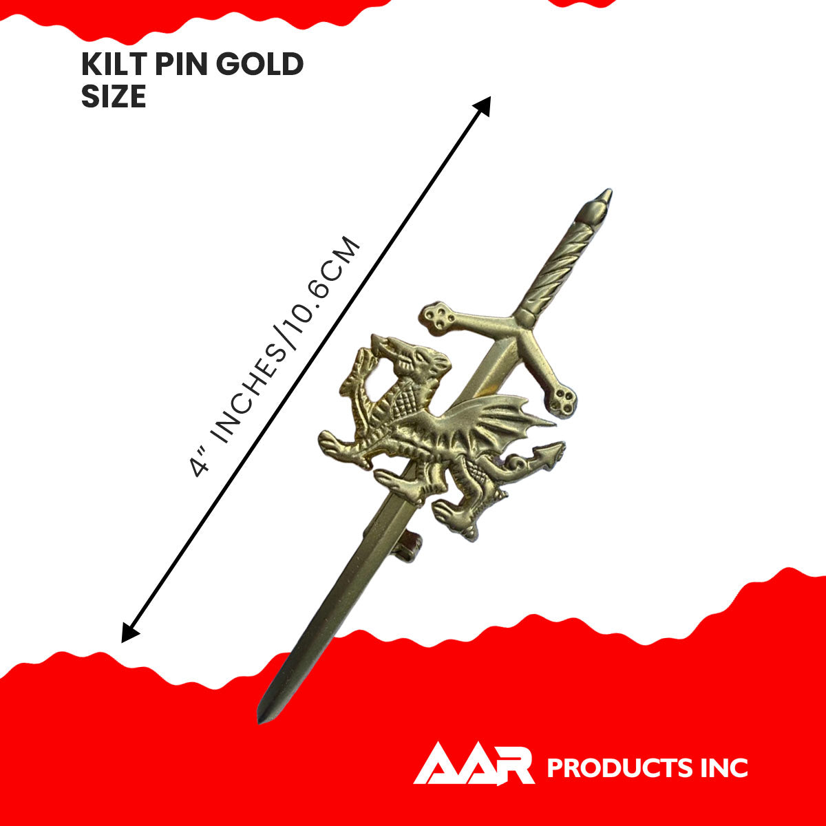 AAR Welsh Dragon Badge kilt Pin 4" Gold Scottish Kilt Sporrans