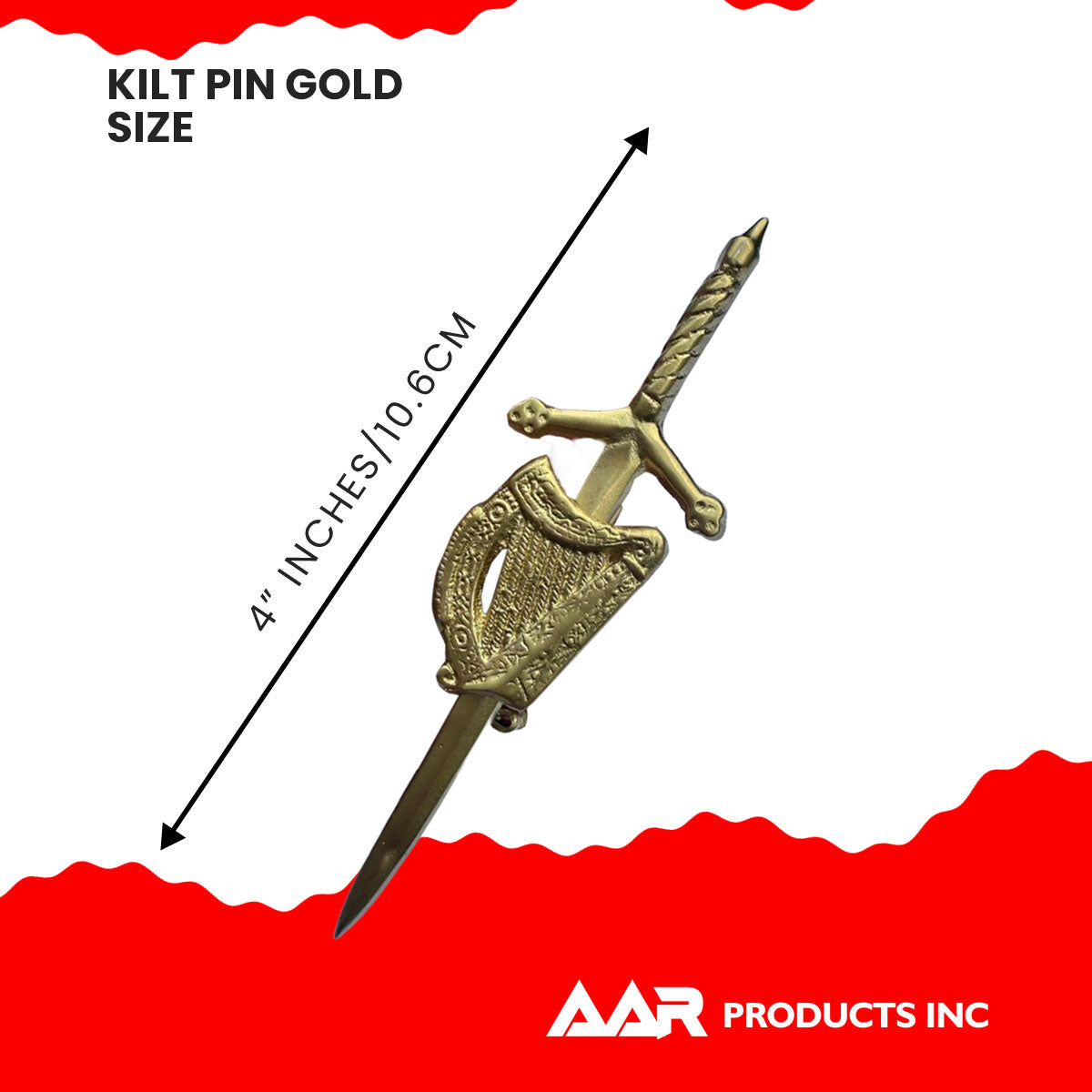AAR Irish Celtic Harp Sword kilt Pin 4" Gold Scottish
