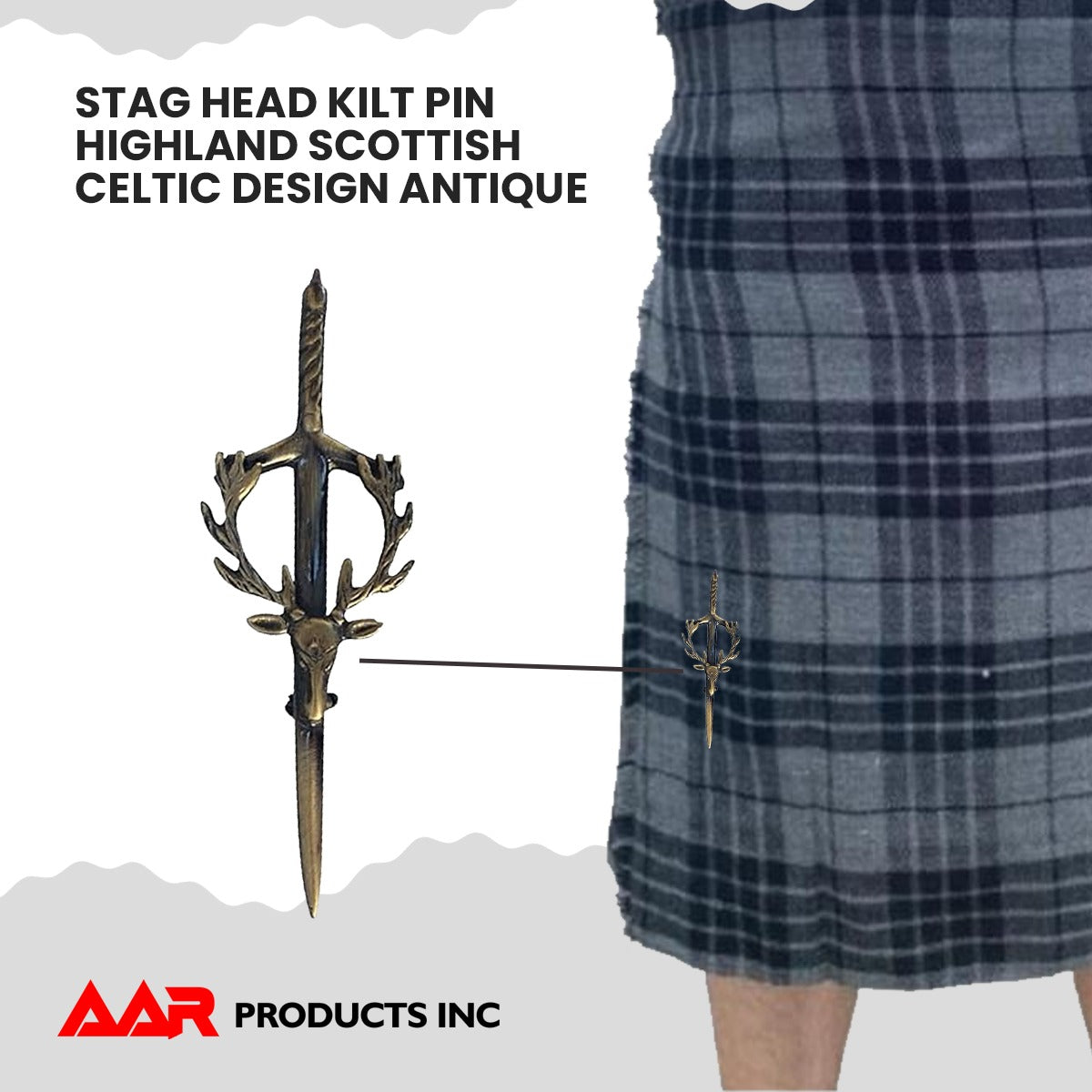 Stag Head Kilt Pin Celtic Highland Design, 4-Inch with Locking Back AAR Scottish Kilt Accessory
