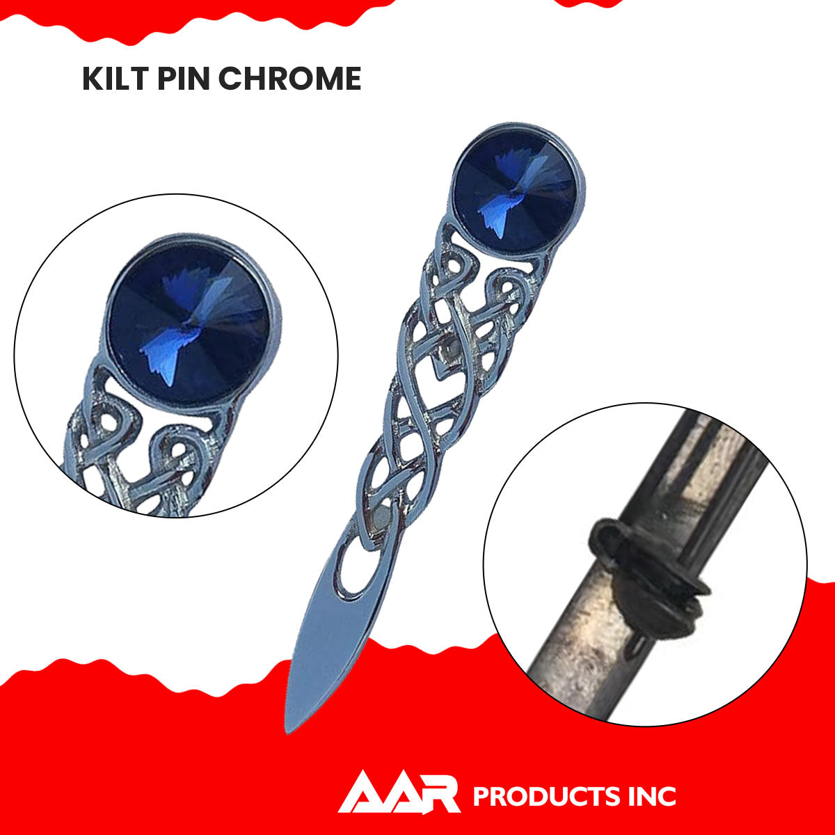 Scottish Kilt Pin Highland Celtic Knot Stone kilt Pins Chrome Blue Stone