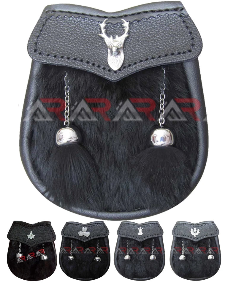 AAR Boys Sporran – Black Rabbit Fur with 2 Tassels – Includes Free Belt & Chain – Traditional Scottish Accessory for Kids