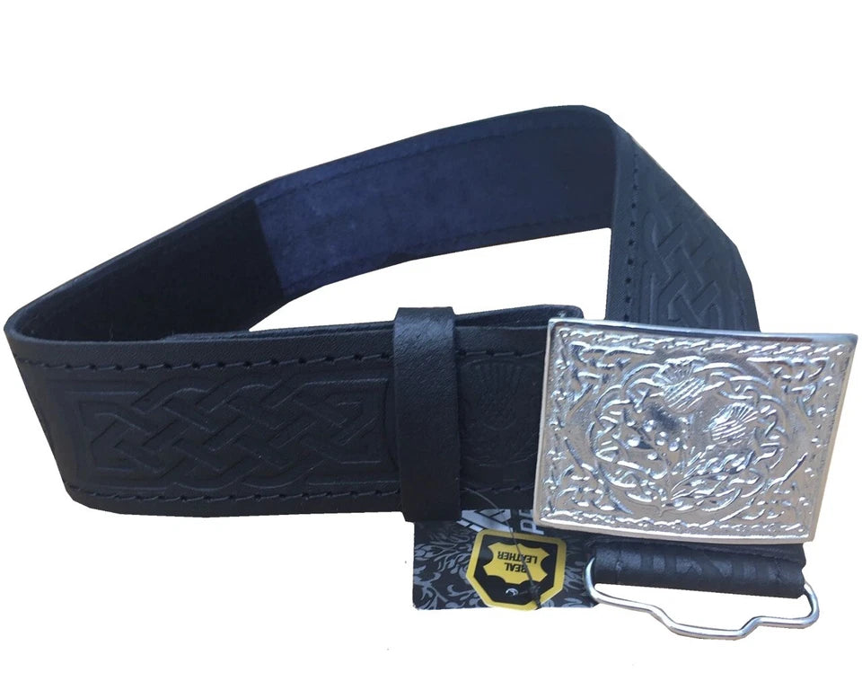AAR Leather Thistle Kilt Belt Black with Chrome Finish Celtic Buckle | Scottish Highland Belt for Men