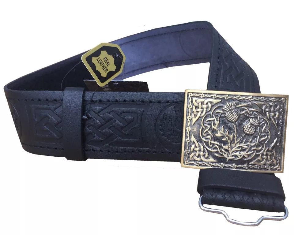AAR Leather Thistle Design Kilt Belt – Black with Antique Finish Celtic Buckle | Scottish Highland Belt
