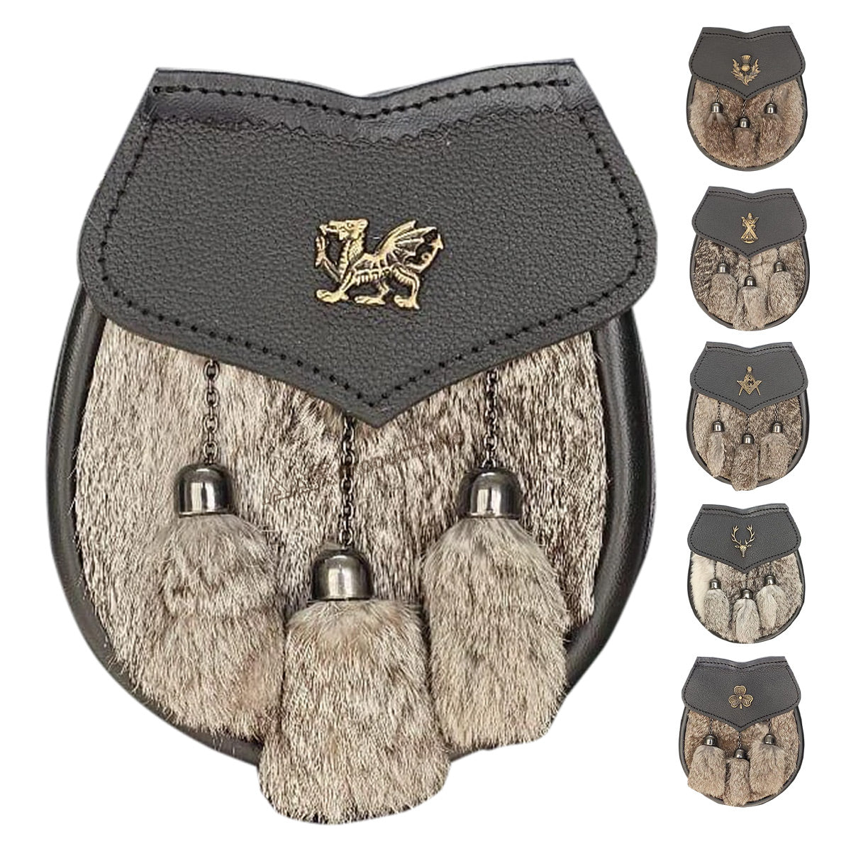 Men's Semi Dress Sporran Brown Rabbit Formal Fur 3 Tassels Leather Belt Chain Antique Badges