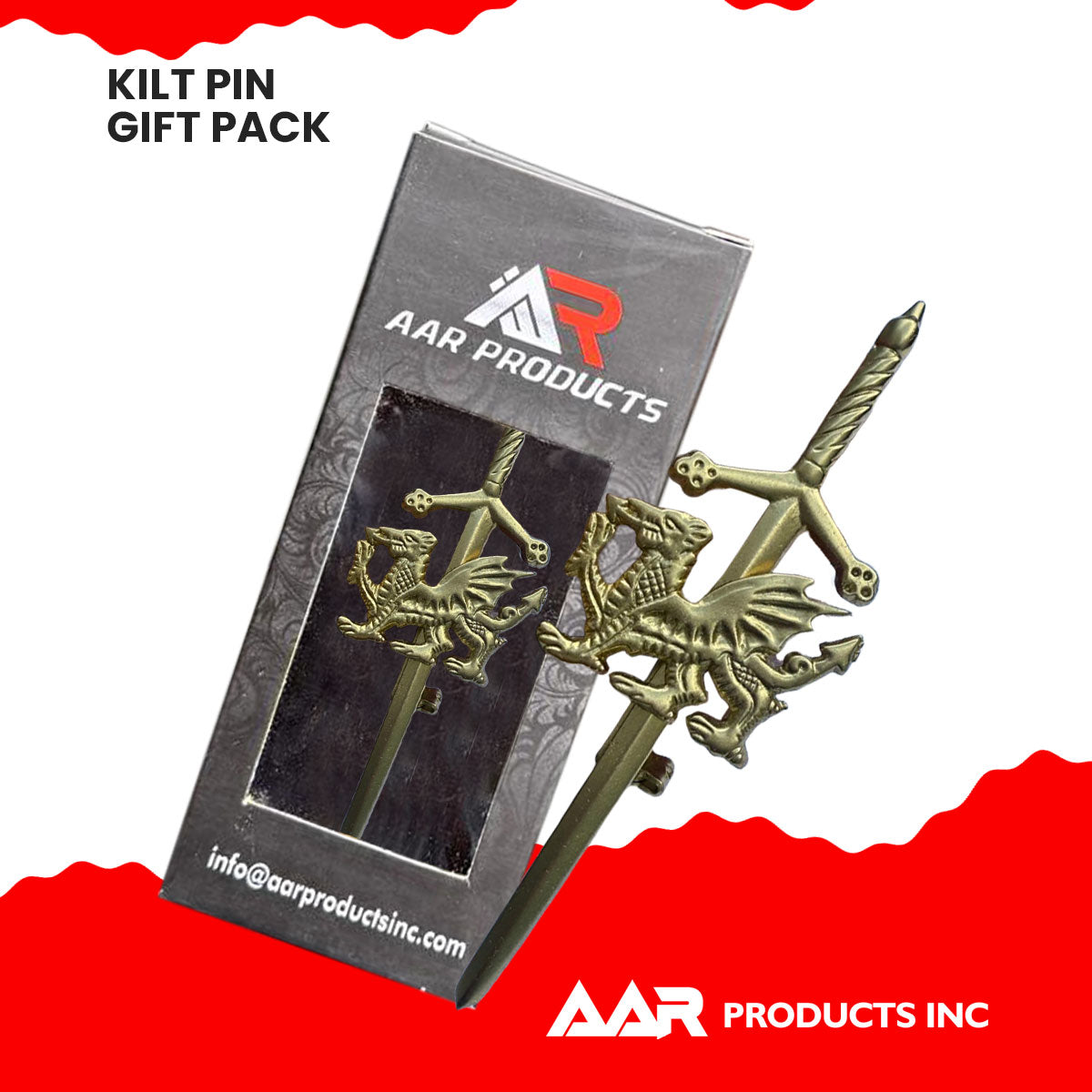 AAR Welsh Dragon Badge kilt Pin 4" Gold Scottish Kilt Sporrans
