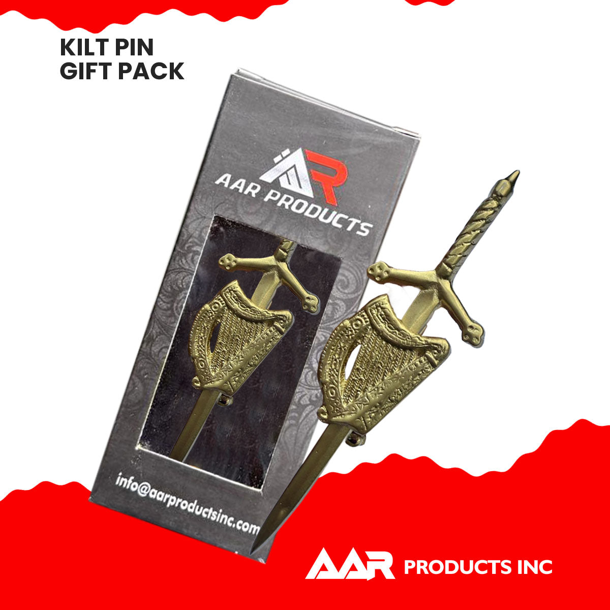 AAR Irish Celtic Harp Sword kilt Pin 4" Gold Scottish