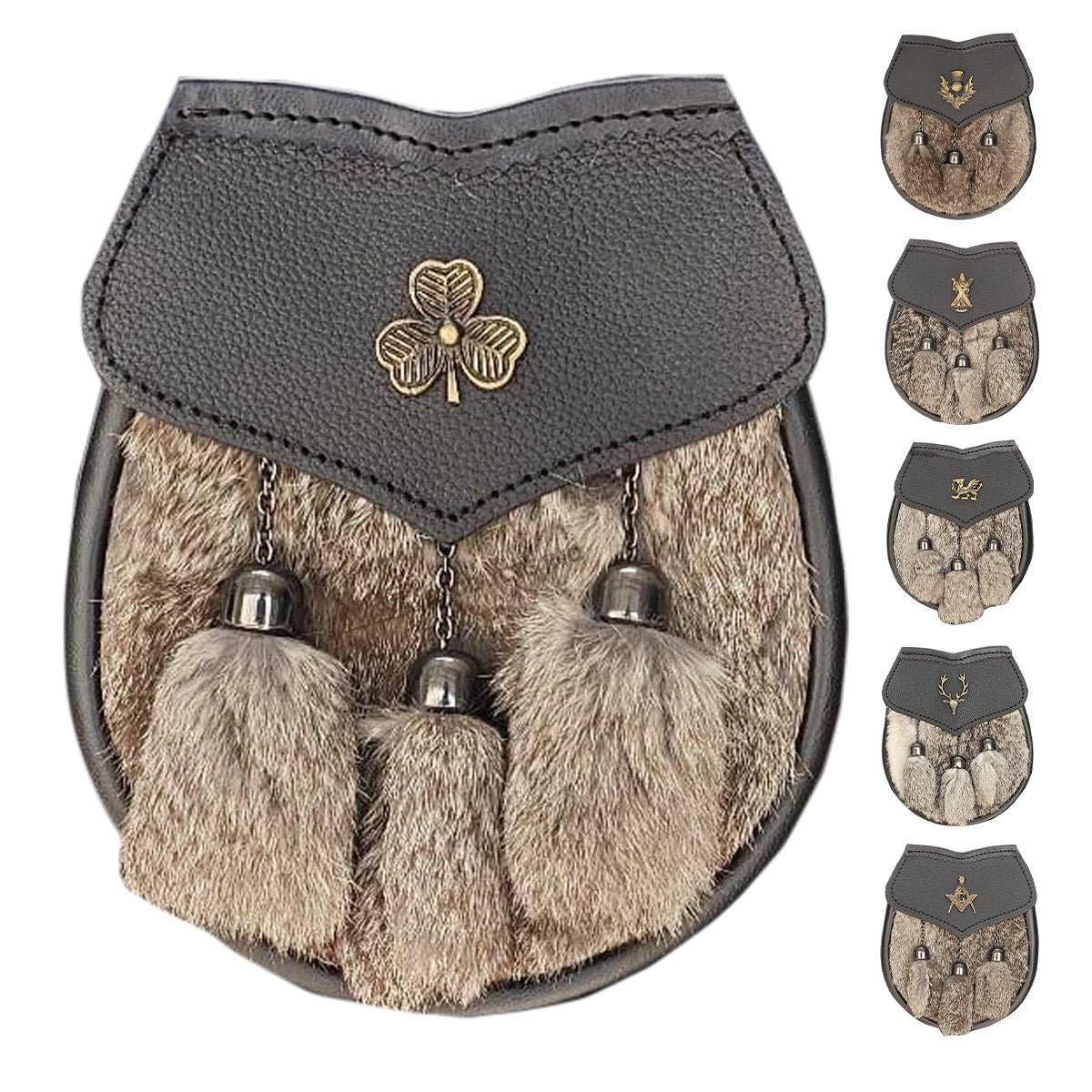 Men's Semi Dress Sporran Brown Rabbit Formal Fur 3 Tassels Leather Belt Chain Antique Badges