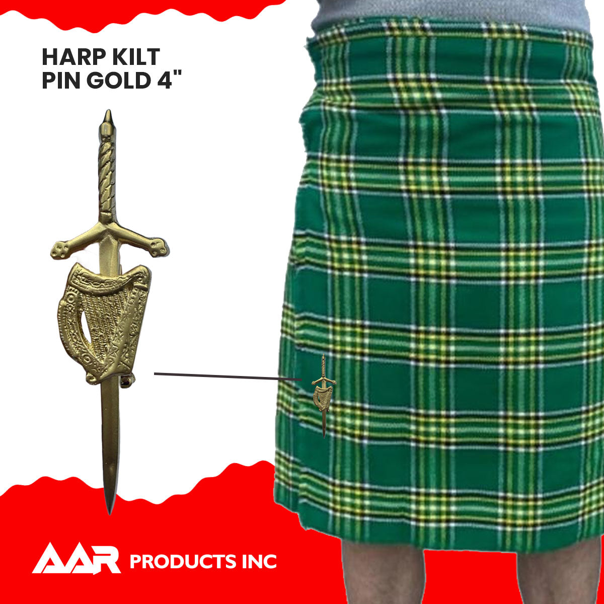 AAR Irish Celtic Harp Sword kilt Pin 4" Gold Scottish