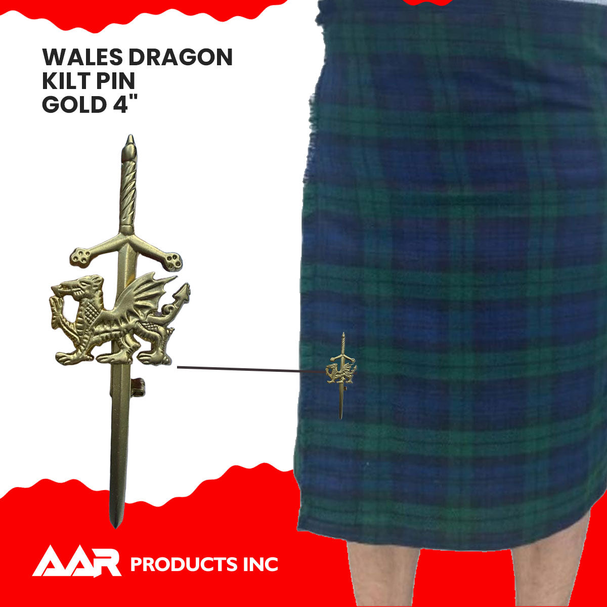 AAR Welsh Dragon Badge kilt Pin 4" Gold Scottish Kilt Sporrans