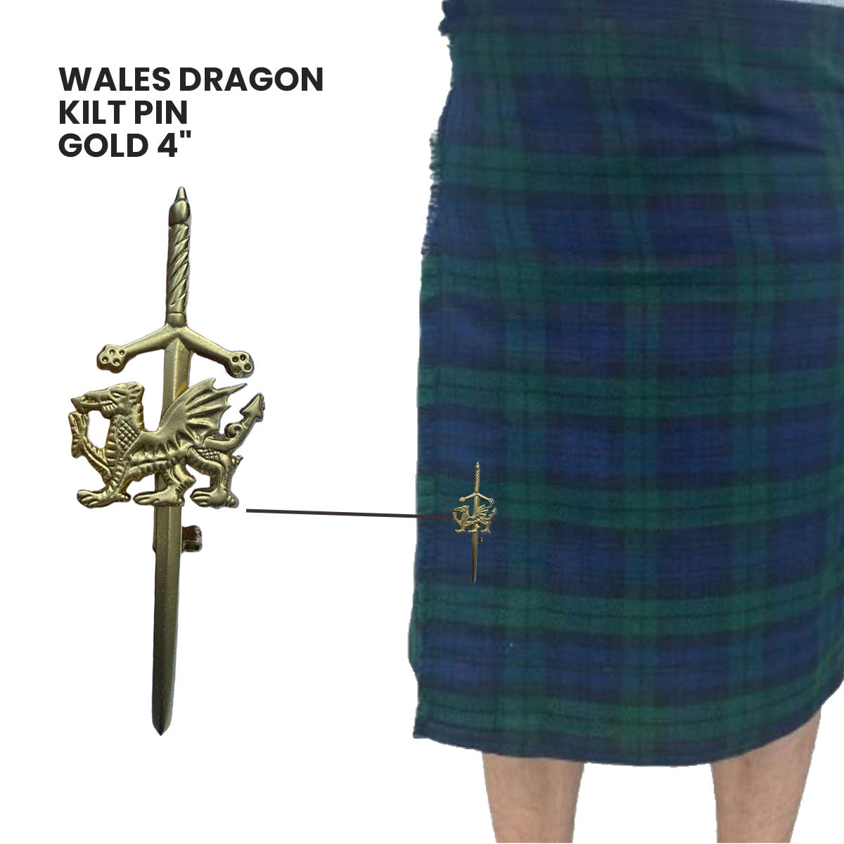 AAR Welsh Dragon Badge kilt Pin 4" Gold Scottish Kilt Sporrans