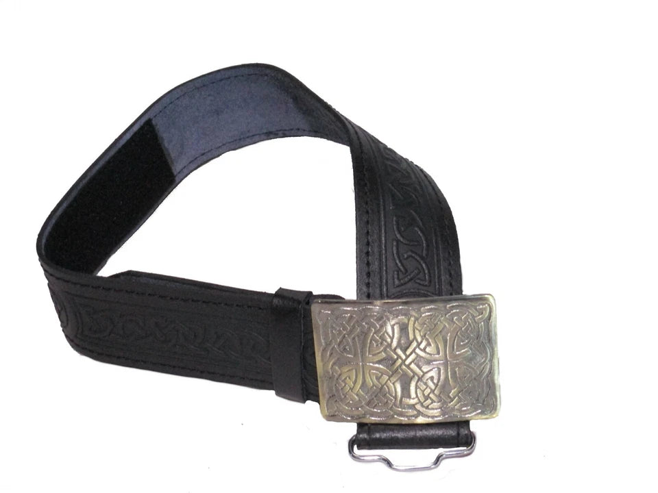 AAR Leather Celtic Kilt Belt – Black or Brown with Antique Brass Buckle | Scottish Highland Belt