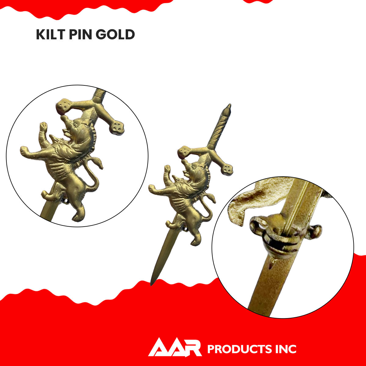 Scottish Rampant Lion Kilt Pin Gold Plated 4" AAR