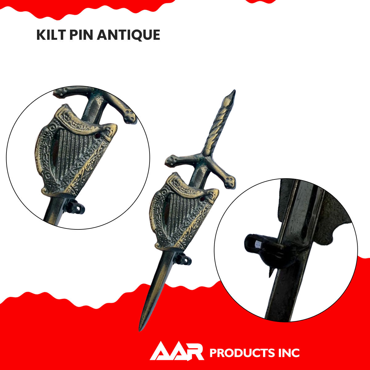 AAR Irish Celtic Harp Sword kilt Pin 4" Antique Scottish