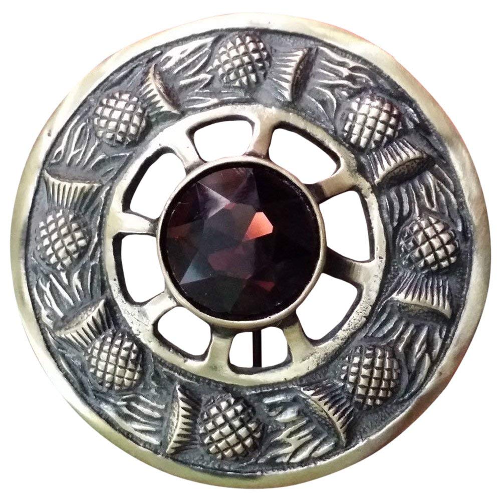AAR Scottish Highland Kilt Fly Plaid Brooch Thistle Design Antique Finish 3 inch (Brown)