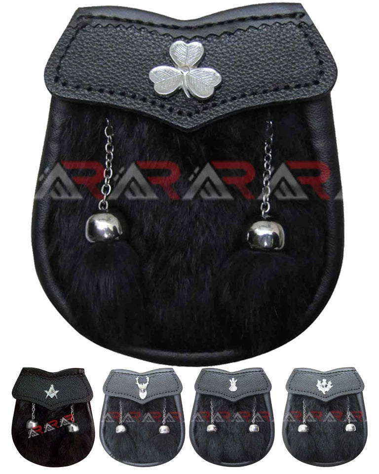 AAR Boys Sporran – Black Rabbit Fur with 2 Tassels – Includes Free Belt & Chain – Traditional Scottish Accessory for Kids
