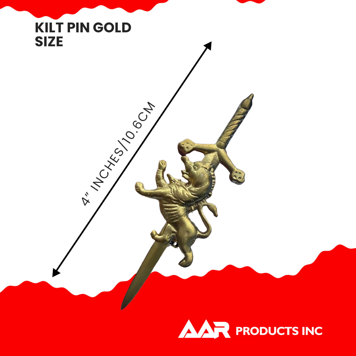 Scottish Rampant Lion Kilt Pin Gold Plated 4" AAR