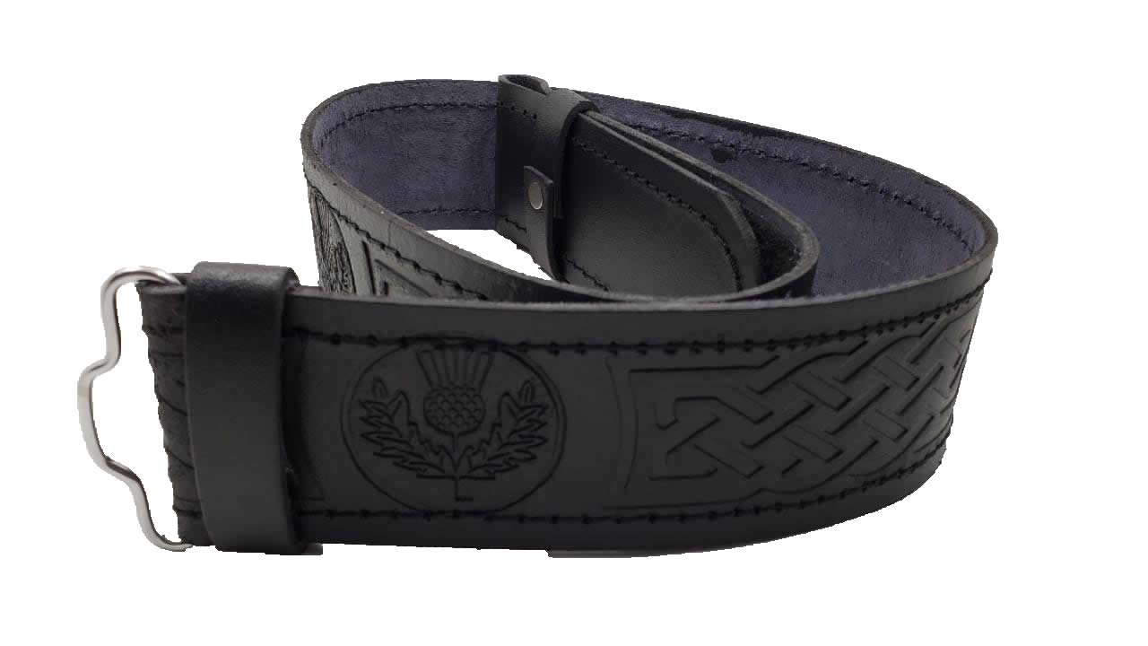 AAR Kilt Belt for Men Leather Black Thistle Embossed Design Scottish Highland