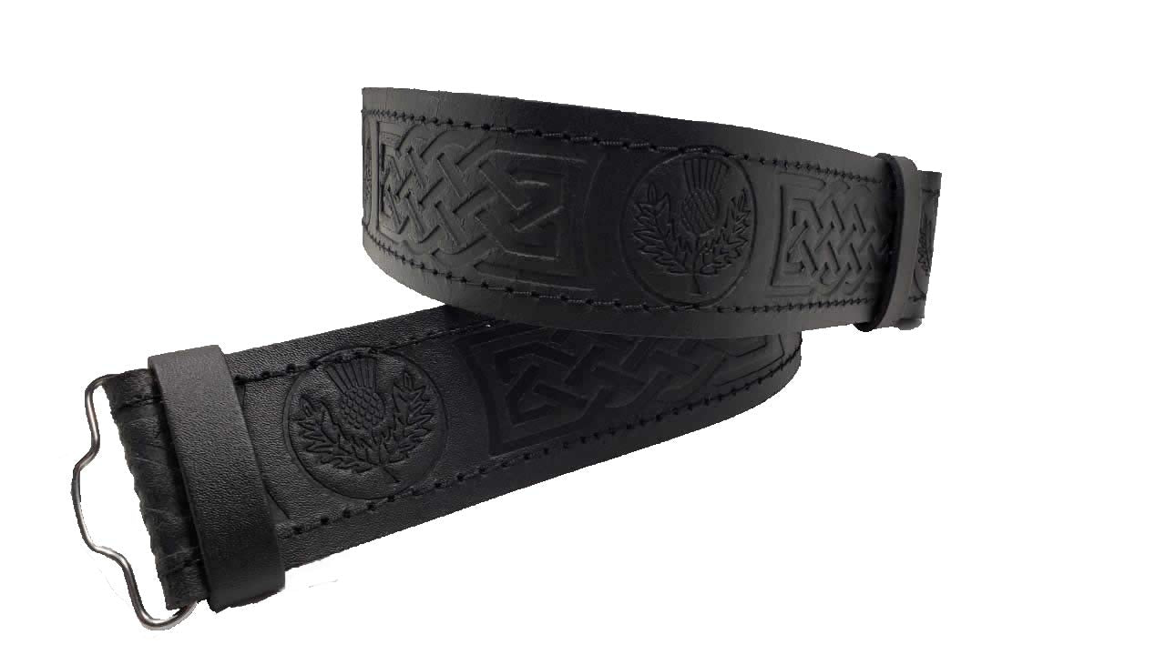 AAR Kilt Belt for Men Leather Black Thistle Embossed Design Scottish Highland