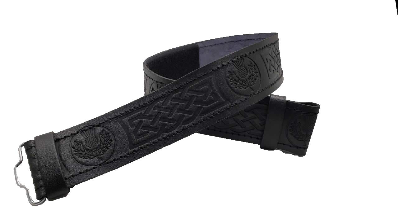 AAR Kilt Belt for Men Leather Black Thistle Embossed Design Scottish Highland