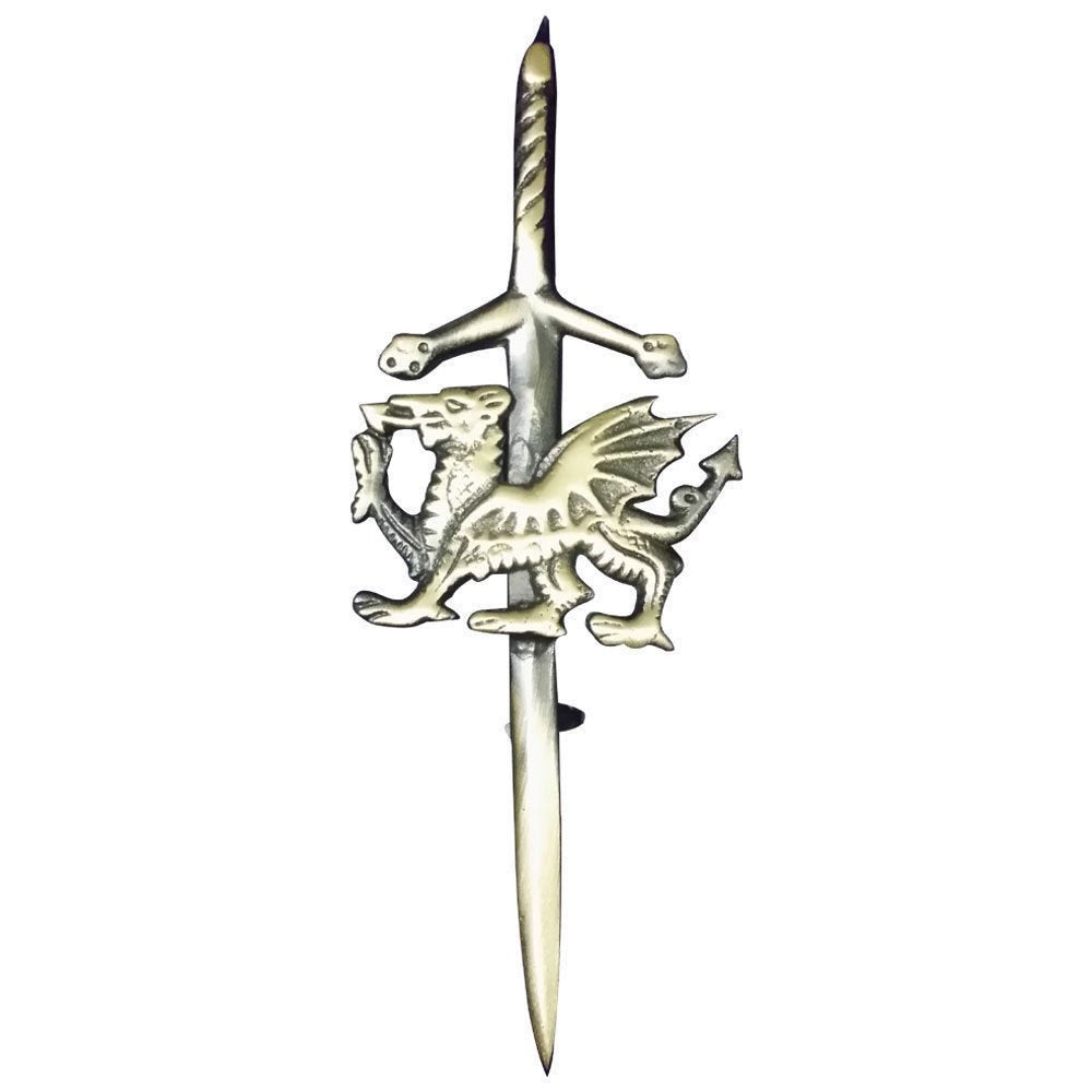 AAR Wales Dragon Kilt Pin 4" Antique, Chrome & Gold Finish Kilt Pins