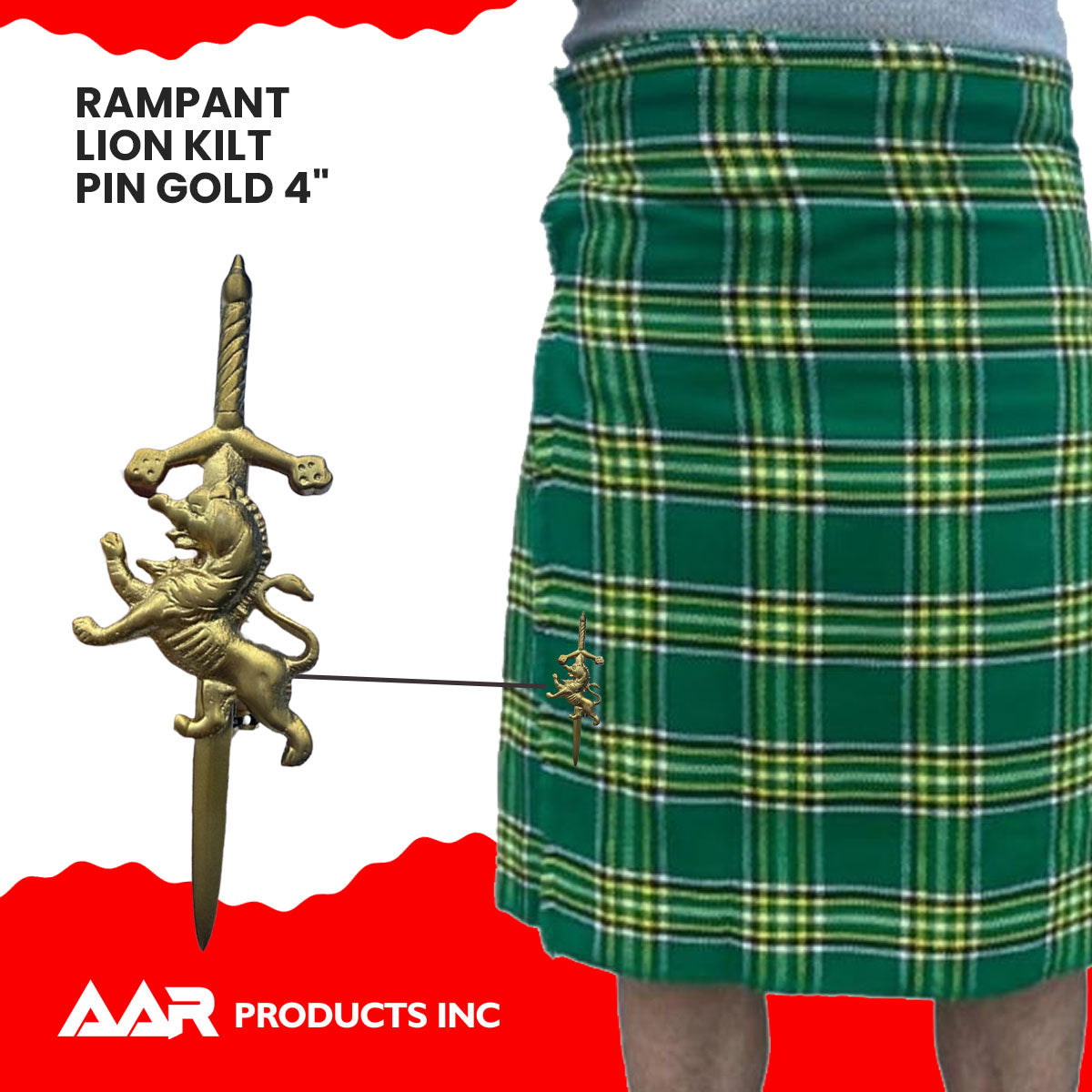 Scottish Rampant Lion Kilt Pin Gold Plated 4" AAR