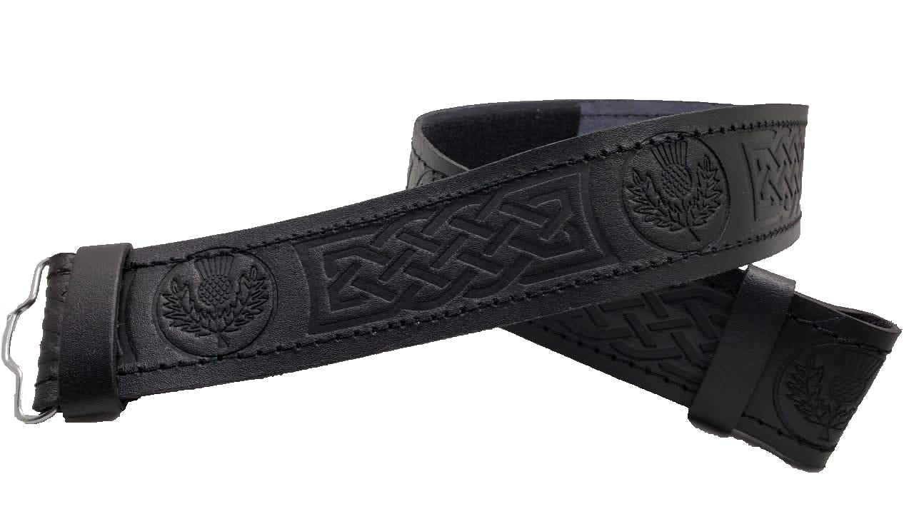 AAR Kilt Belt for Men Leather Black Thistle Embossed Design Scottish Highland