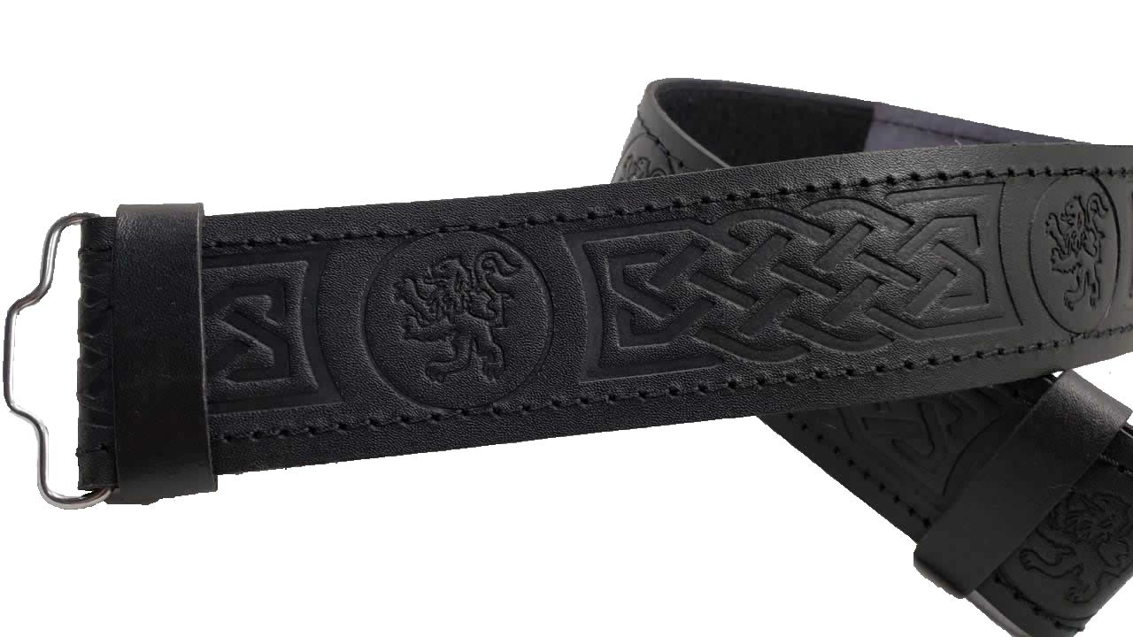 AAR Kilt Belt for Men Leather Black Rampart Lion Embossed Design Scottish Highland