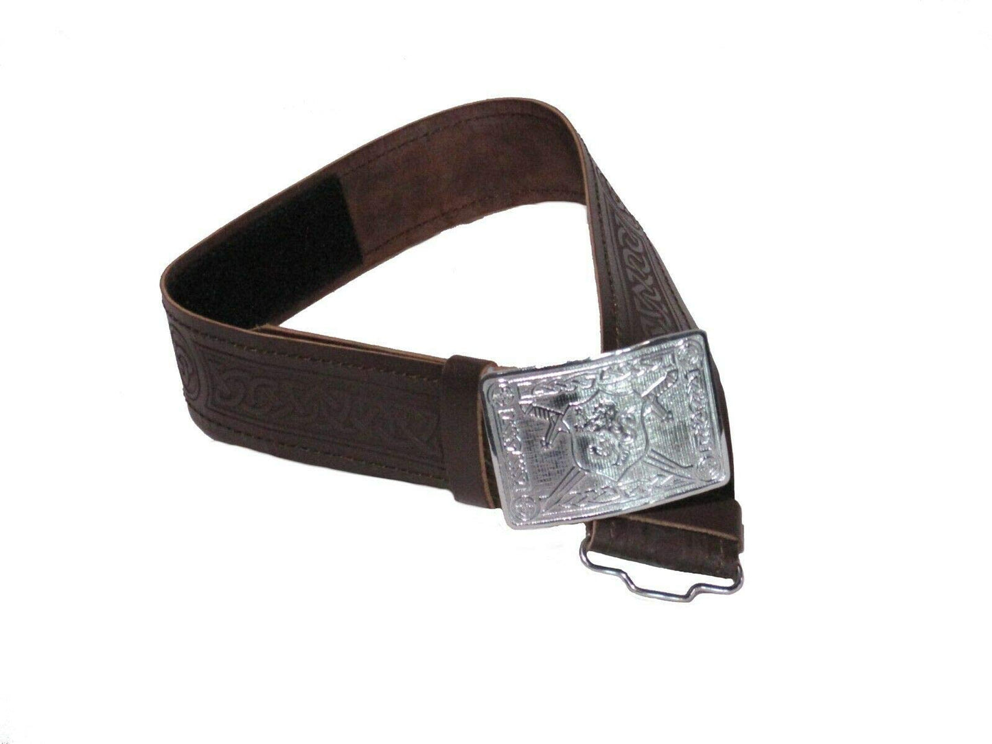 AAR Leather Celtic Design Kilt Belt Black & Brown With Chrome Finish Buckle Scottish Highland