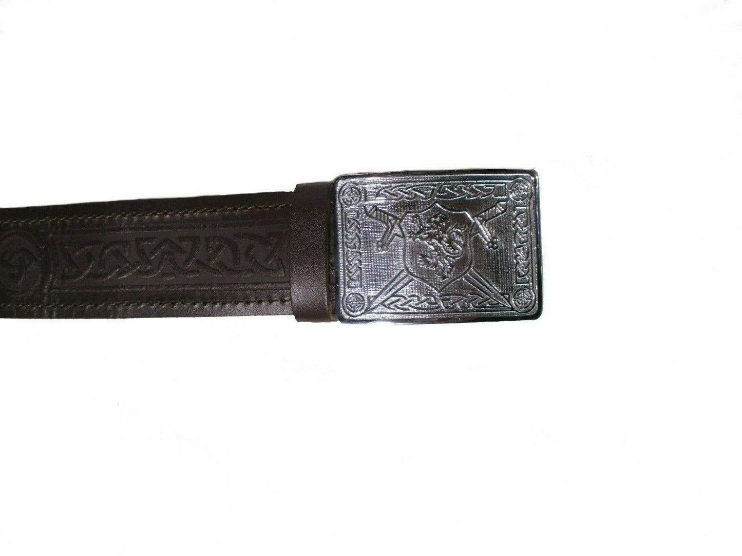 AAR Leather Celtic Design Kilt Belt Black & Brown With Chrome Finish Buckle Scottish Highland