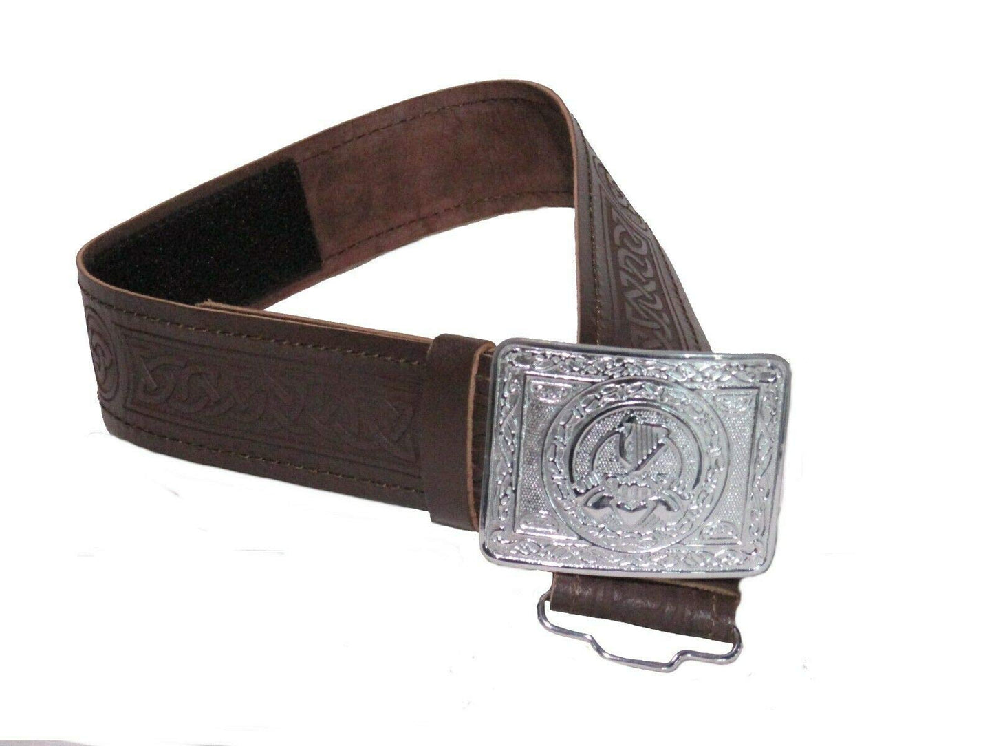 AAR Leather Celtic Design Kilt Belt Black & Brown With Chrome Finish Buckle Scottish Highland