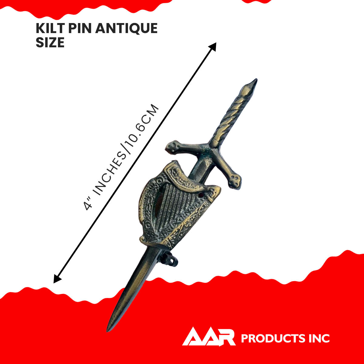 AAR Irish Celtic Harp Sword kilt Pin 4" Antique Scottish