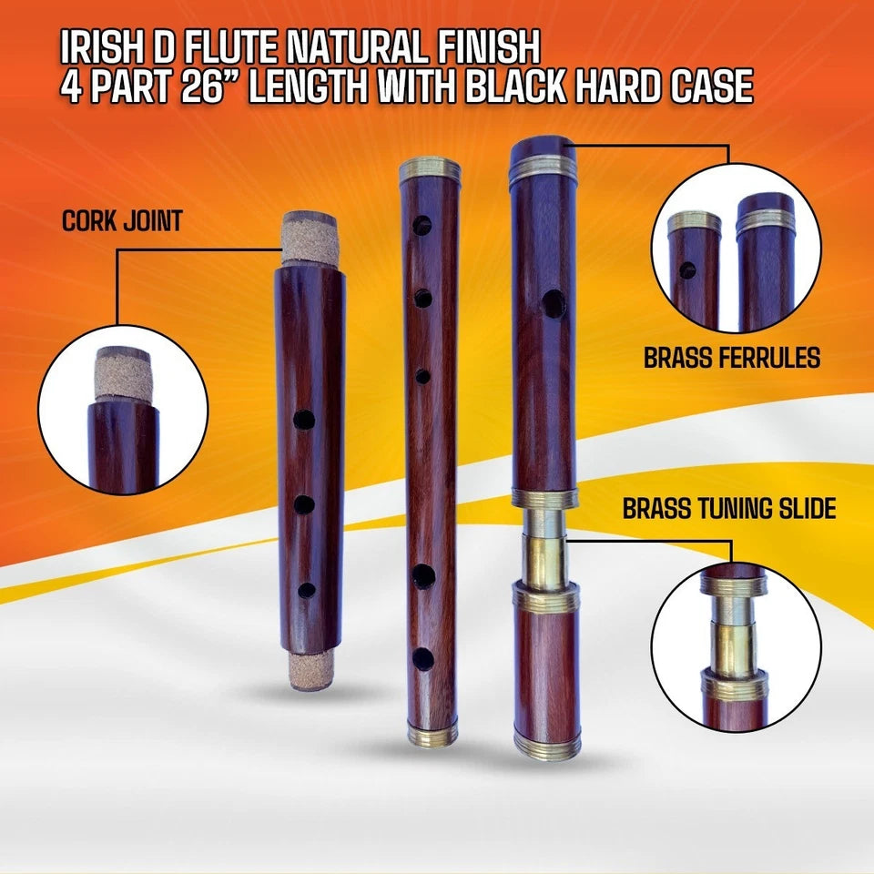 Rosewood Irish D Flute 4Pc Traditional Celtic Musical Instrument Hard Case 26"Ke