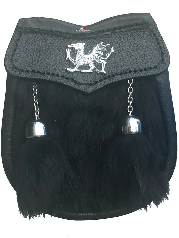 AAR Boys Sporran – Black Rabbit Fur with 2 Tassels – Includes Free Belt & Chain – Traditional Scottish Accessory for Kids