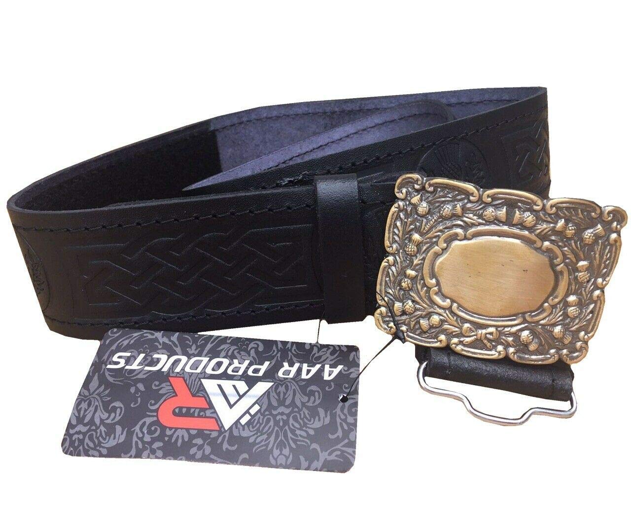 Black Leather Thistle Design Scottish Highland Kilt Belt With Antique Finish Buckle