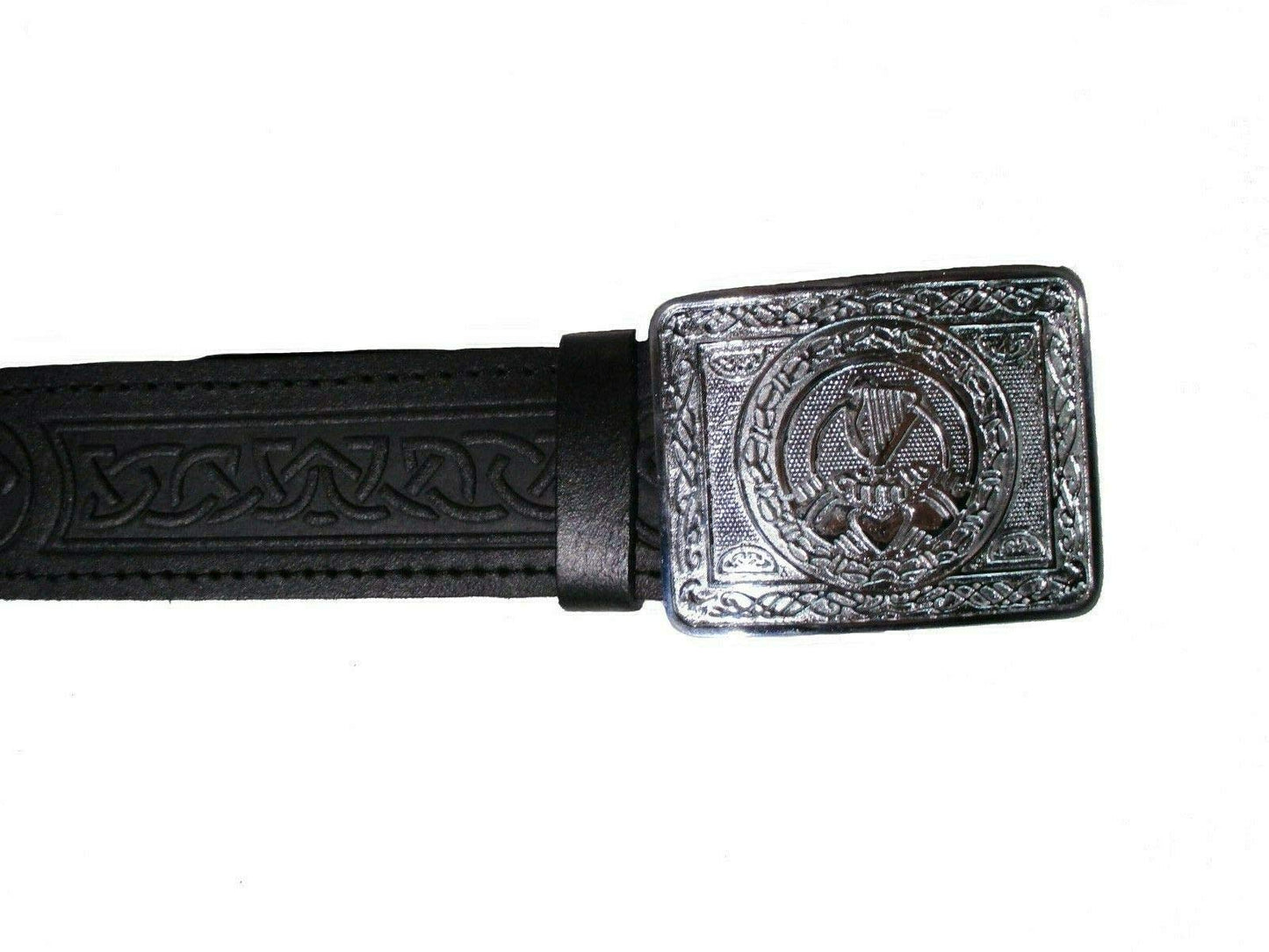 AAR Leather Celtic Design Kilt Belt Black & Brown With Chrome Finish Buckle Scottish Highland